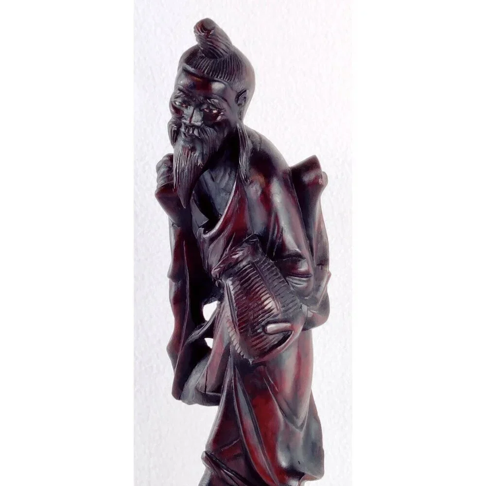 Antique Hand Carved Old Man Fisherman Chinese Figure Rosewood 12.5